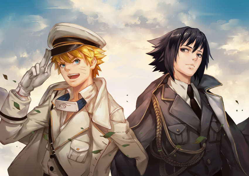 2boys, absurdres, bamboocm, black_eyes, black_hair, blonde_hair, blue_eyes, cape