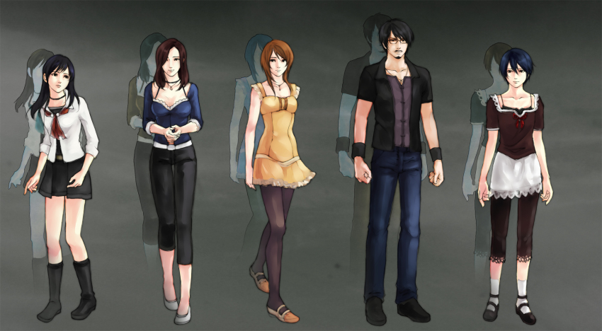 1boy, 4girls, black_hair, brown_hair, cosplay, fatal_frame, fatal_frame:_maiden_of_black_water, highres, hinasaki_miu, hojo_ren, kagamiya_rui, kozukata_yuuri, multiple_girls, nintendo, yuuta_(ruin0811)