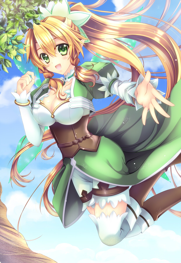10s, 1girl, bad_id, bad_pixiv_id, blonde_hair, braid, elf, fairy_wings, female_focus, green_eyes, hiryuu_kanon, leafa_(sao), long_hair, pointy_ears, ponytail, side_braid, solo, sword_art_online, transparent_wings, twin_braids, very_long_hair, wings
