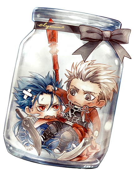 2boys, archer_(fate), blue_hair, bottle, bow, chibi, community666, cu_chulainn_(fate)