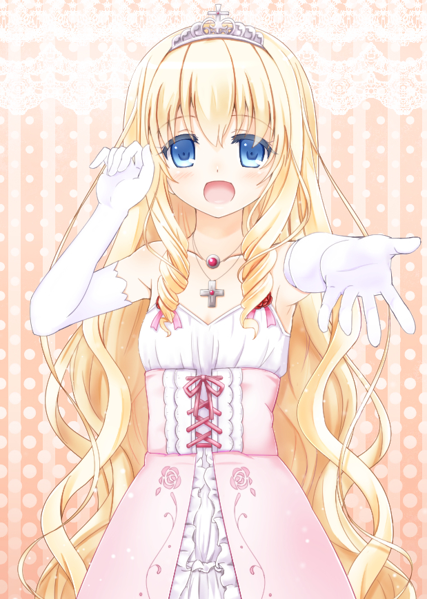 10s, 1girl, amagi_brilliant_park, blonde_hair, blue_eyes, blush, cross, cross_necklace