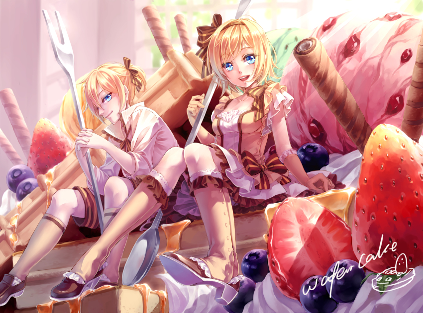1boy, 1girl, absurdres, blonde_hair, blue_eyes, blueberry, blush, boots