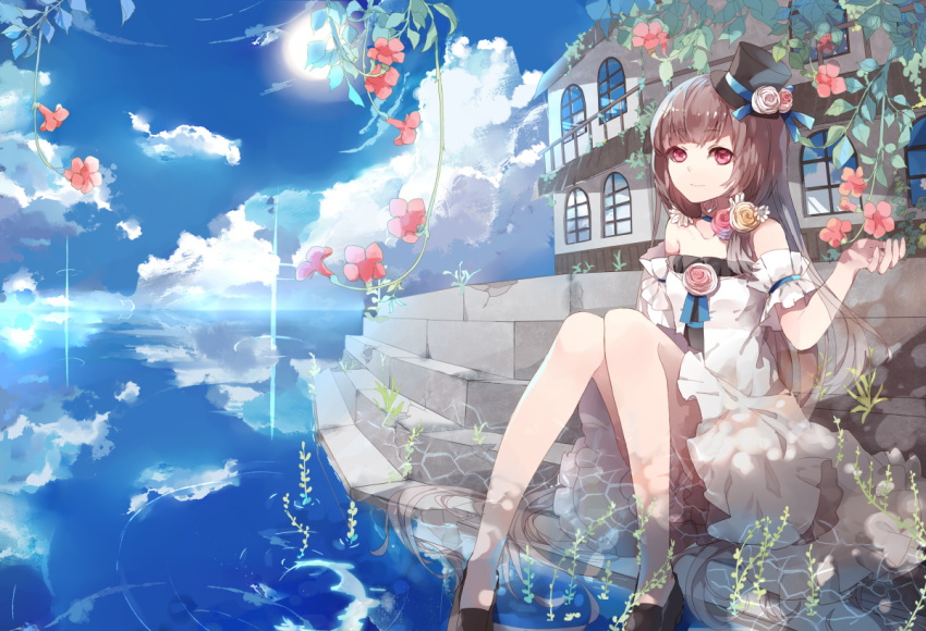 1girl, absurdly_long_hair, bare_shoulders, brown_hair, building, cloud, day, detached_collar