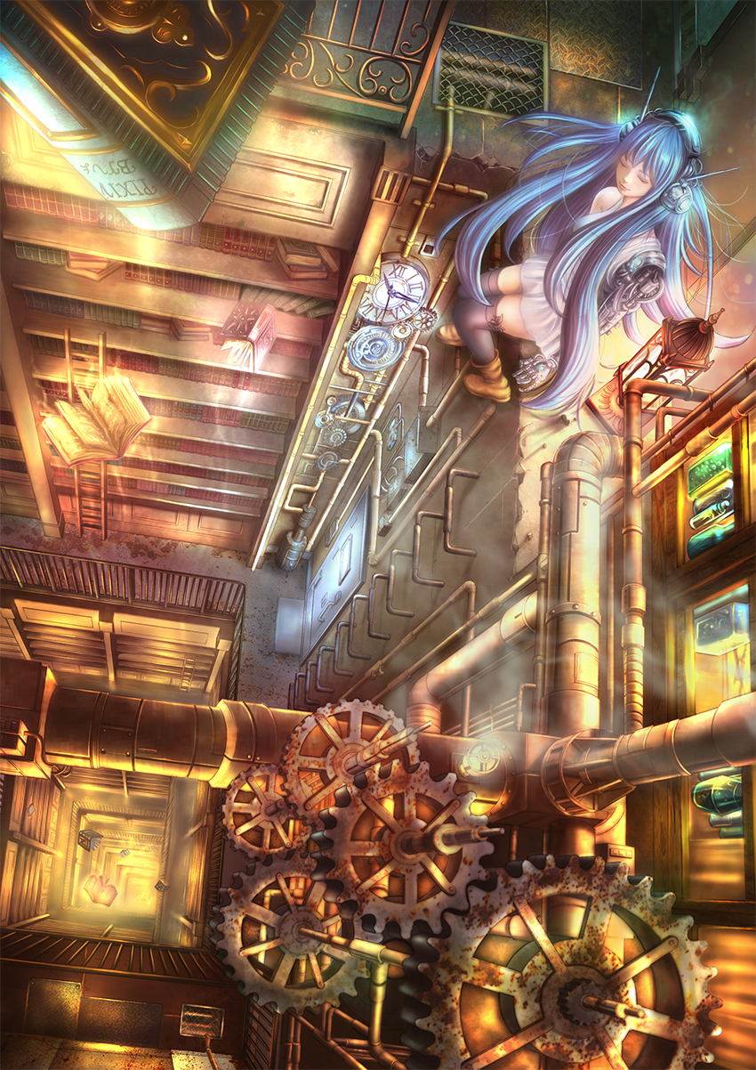 1girl, bare_shoulders, black_thighhighs, blue_hair, book, boots, bow, brown_boots