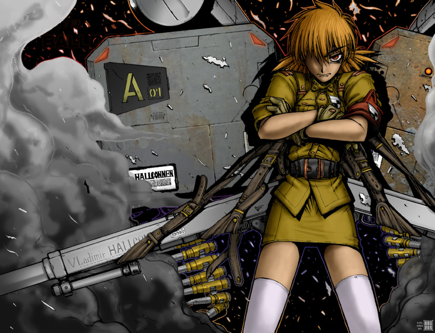1girl, ammunition, ammunition_belt, anti-materiel_cartridge, autocannon, blonde_hair, cannon, cannon_cartridge
