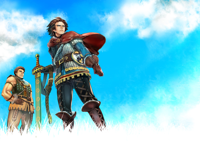 2boys, armor, belt, blue_sky, brown_gloves, brown_hair, cape, chainmail, cloud, day, earrings, from_below, gloves, hand_on_own_hip, helgi_(reginleiv), hpa_(foolish_factory), jewelry, lace-up, manly, multiple_boys, muscular, planted_sword, planted, red_cape, scabbard, sheath, sheathed, short_hair, sigmund_(reginleiv), sky, sword, weapon, wind, zangeki_no_reginleiv