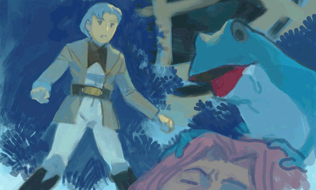 1boy, 1girl, animal, blue_hair, densetsu_kyojin_ideon, frog, hatari_naburu, lowres