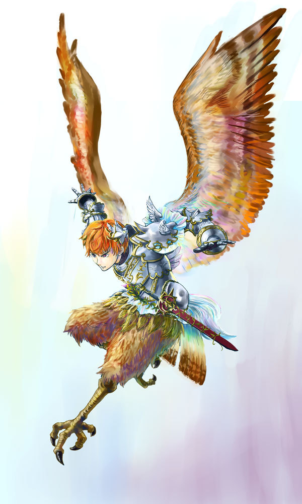 1boy, armor, breastplate, feathered_wings, freyr_(reginleiv), gauntlets, hairpods, harpy_boy