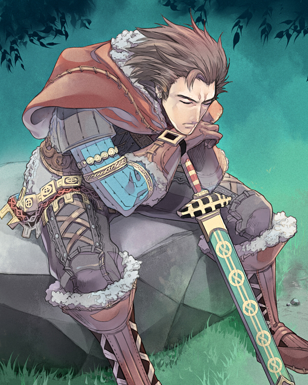 1boy, boots, brown_gloves, brown_hair, capelet, closed_eyes, gloves, hpa_(foolish_factory), knee_boots, lace-up, male_focus, manly, planted_sword, planted, rock, scabbard, sheath, sheathed, short_hair, sigmund_(reginleiv), sitting, sleeping, sleeping_upright, solo, sword, weapon, zangeki_no_reginleiv