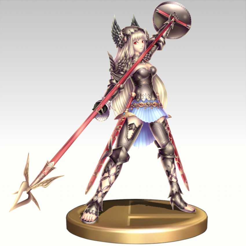 1girl, armor, bad_id, bad_pixiv_id, breasts, brynhild_(reginleiv), cleavage, female_focus, full_armor, gauntlets, gonzarez, greaves, head_wings, helmet, highres, long_hair, multiple_swords, nintendo, polearm, red_eyes, sandals, scabbard, sheath, sheathed, shield, showgirl_skirt, solo, spear, super_smash_bros., sword, toes, valkyrie, weapon, wings, zangeki_no_reginleiv