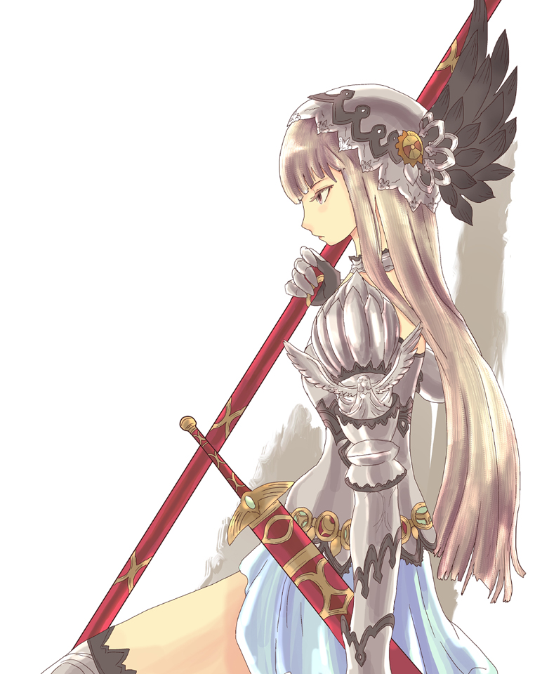 1girl, armor, brynhild_(reginleiv), female_focus, from_side, gauntlets, greaves, head_wings