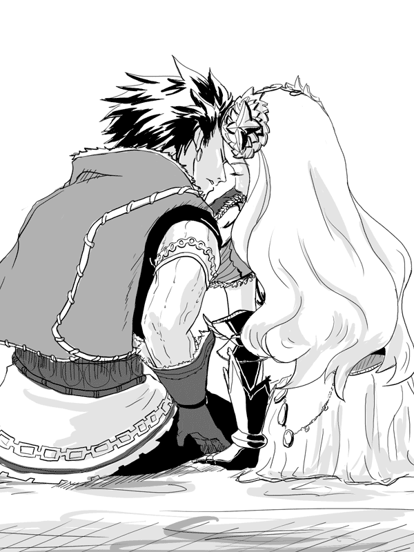 1boy, 1girl, couple, forehead-to-forehead, freia_(reginleiv), gloves, greyscale, heads_together, hetero, long_hair, manly, monochrome, short_hair, sigmund_(reginleiv), sitting, spiked_hair, xi_(xi1103), zangeki_no_reginleiv