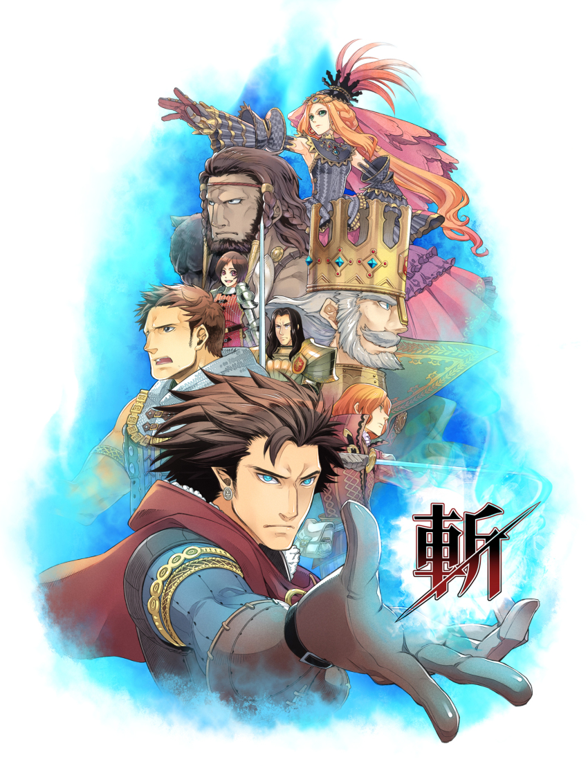 2girls, 6+boys, armor, armored_dress, awilda_(reginleiv), beard, black_hair, blue_eyes