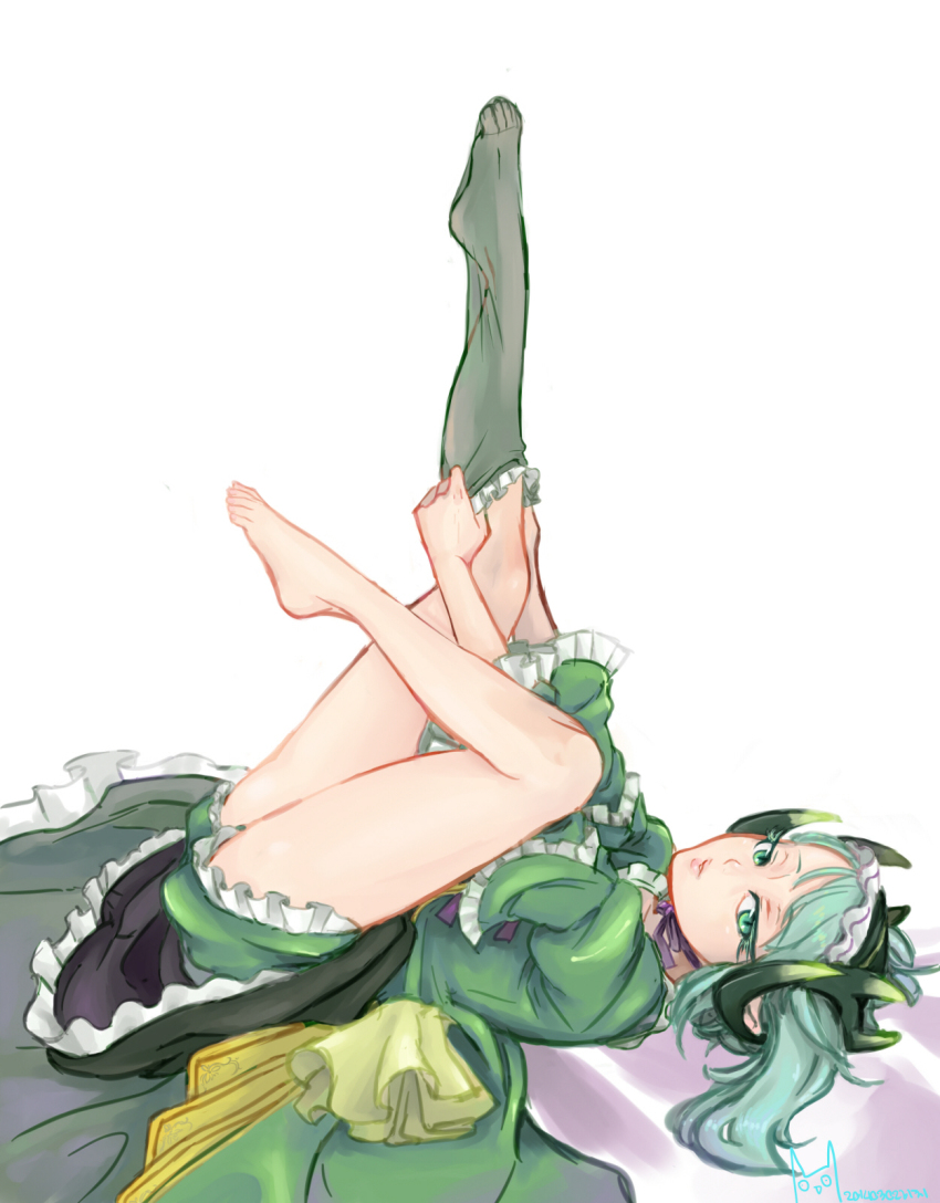 1girl, astaroth_(p&amp;d), bad_id, bad_pixiv_id, bare_legs, barefoot, bloomers, dress, dressing, feet, female_focus, gothic_lolita, green_bloomers, green_eyes, green_hair, highres, kachina, lolita_fashion, lying, matching_hair/eyes, on_back, puzzle_&amp;_dragons, solo, thighhighs, toes, underwear, white_background