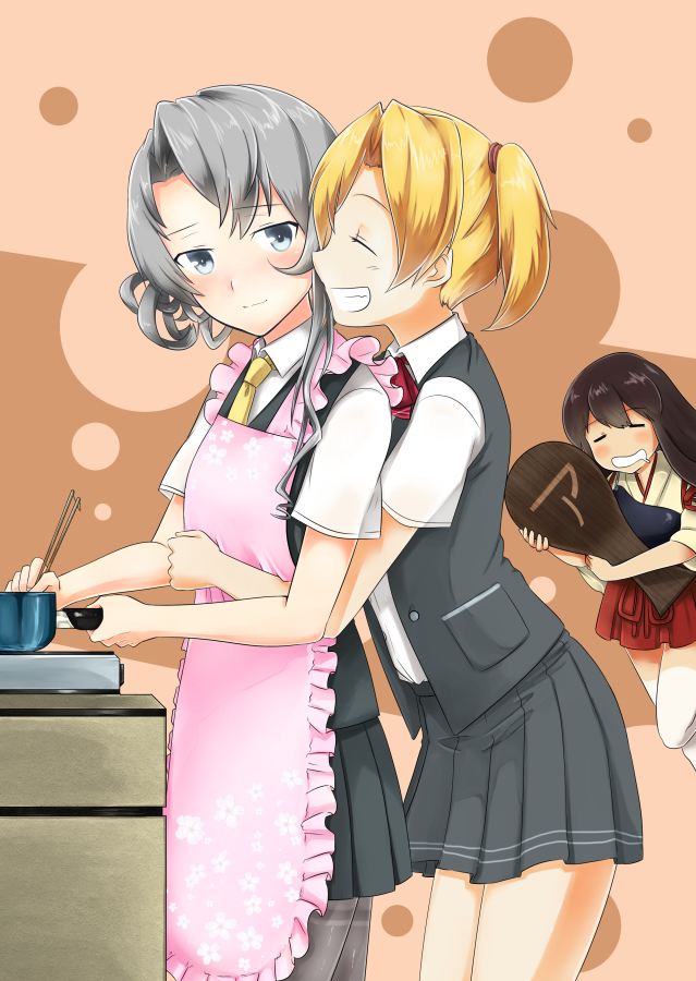 10s, 3girls, akagi_(kancolle), apron, asymmetrical_hair, black_legwear, blonde_hair, blush