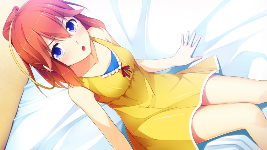 1girl, bed, blue_eyes, blush, breasts, cccpo, collarbone, dress, game_cg, hair_ribbon, legs, looking_at_viewer, open_mouth, ponytail, red_hair, ribbon, sekai_wo_sukuu_dake_no_kantan_na_oshigoto, short_hair, sitting, small_breasts, thighs, yamanashi_akari