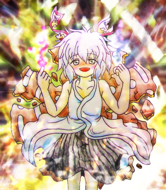 androgynous, arms_up, celeritas_lumen, danmaku, ex-lumen, gender_request, grey_eyes, hakama, hakama_skirt, japanese_clothes, len'en, lumen_celeritas, michi201411, ofuda, ofuda_on_head, open_mouth, shell, short_hair, skirt, smile, solo, talisman, white_hair