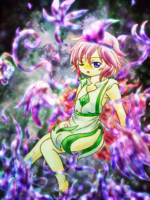 androgynous, bare_shoulders, barefoot, blue_eyes, bow, daisy_(flower), flower, gender_request, japanese_clothes, len'en, michi201411, one_eye_closed, open_mouth, pink_hair, shion_(len'en), short_hair, smile, solo, triangular_headpiece