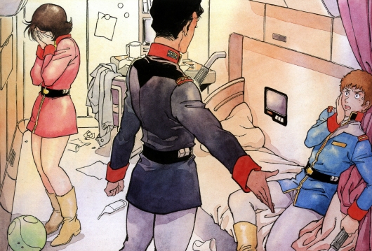 1girl, 2boys, against_wall, amuro_ray, bed, belt, black_hair, bright_noa, bright_slap, brown_hair, buckle, covering_face, crying, curtains, dress, fraw_bow, from_behind, gundam, hands_on_own_face, haro, indoors, long_sleeves, mobile_suit_gundam, multiple_boys, open_mouth, outstretched_arms, pillow, red_dress, slapping, standing, wide-eyed