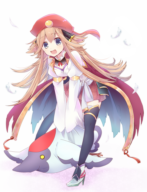 1girl, :d, armlet, bad_id, bad_pixiv_id, bent_over, between_legs, bird, black_thighhighs, blue_eyes, blush, brown_hair, feathers, flipped_hair, fukuoka_(oshiro_collection), fukuoka_(oshiro_project), full_body, hair_flaps, hair_ornament, hat, high_heels, holding, jacket, jewelry, legs_apart, long_hair, long_sleeves, md5_mismatch, miniskirt, neck_ribbon, open_mouth, oshiro_project:re, pleated_skirt, puffy_long_sleeves, puffy_sleeves, red_hat, red_ribbon, red_skirt, ribbon, ring, sash, shirt, simple_background, skirt, sleeves_past_wrists, smile, standing, sxupxdxxy, thighhighs, torn_clothes, torn_jacket, v_arms, very_long_hair, white_background, white_shirt