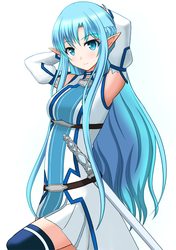 10s, 1girl, armpits, arms_up, asuna_(sao), asuna_(sao-alo), blue_eyes, blue_hair, blue_thighhighs, blush, cowboy_shot, detached_sleeves, female_focus, long_hair, matching_hair/eyes, natsuzakura_yuuki, pointy_ears, smile, solo, sword, sword_art_online, thighhighs, very_long_hair, weapon, white_background