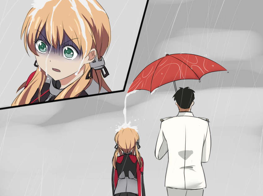 1boy, 1girl, admiral_(kancolle), anchor_hair_ornament, blonde_hair, gekkan_shoujo_nozaki-kun, green_eyes, hair_ornament