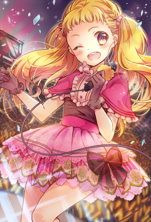 1girl, ;d, black_gloves, blonde_hair, blush, bow, capelet, female_focus