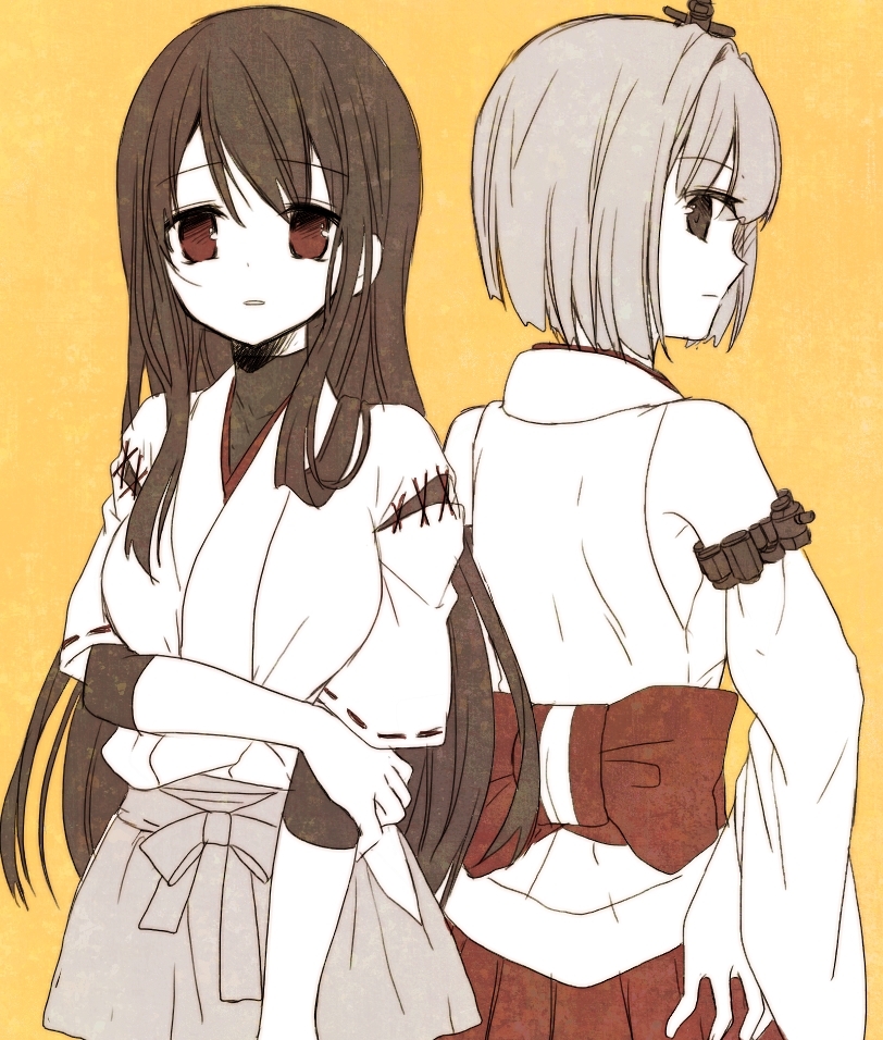 10s, 2girls, bare_shoulders, cosplay, costume_switch, detached_sleeves, fusou_(kancolle), fusou_(kancolle)_(cosplay), hyuuga_(kancolle), hyuuga_(kancolle)_(cosplay), japanese_clothes, kantai_collection, long_hair, momoiro, multiple_girls, nontraditional_miko, partially_colored, pleated_skirt, short_hair, skirt, spot_color, yellow_background