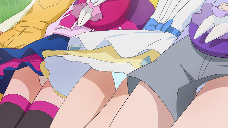 10s, 4girls, aino_megumi, gurasan_(precure), happinesscharge_precure!, haruyama_kazunori, head_out_of_frame, hikawa_iona, lying, multiple_girls, oomori_yuuko, panties, panty_peek, pantyshot, precure, ribbon_(precure), shirayuki_hime, shorts, skirt, thighhighs, underwear, upshorts, white_panties