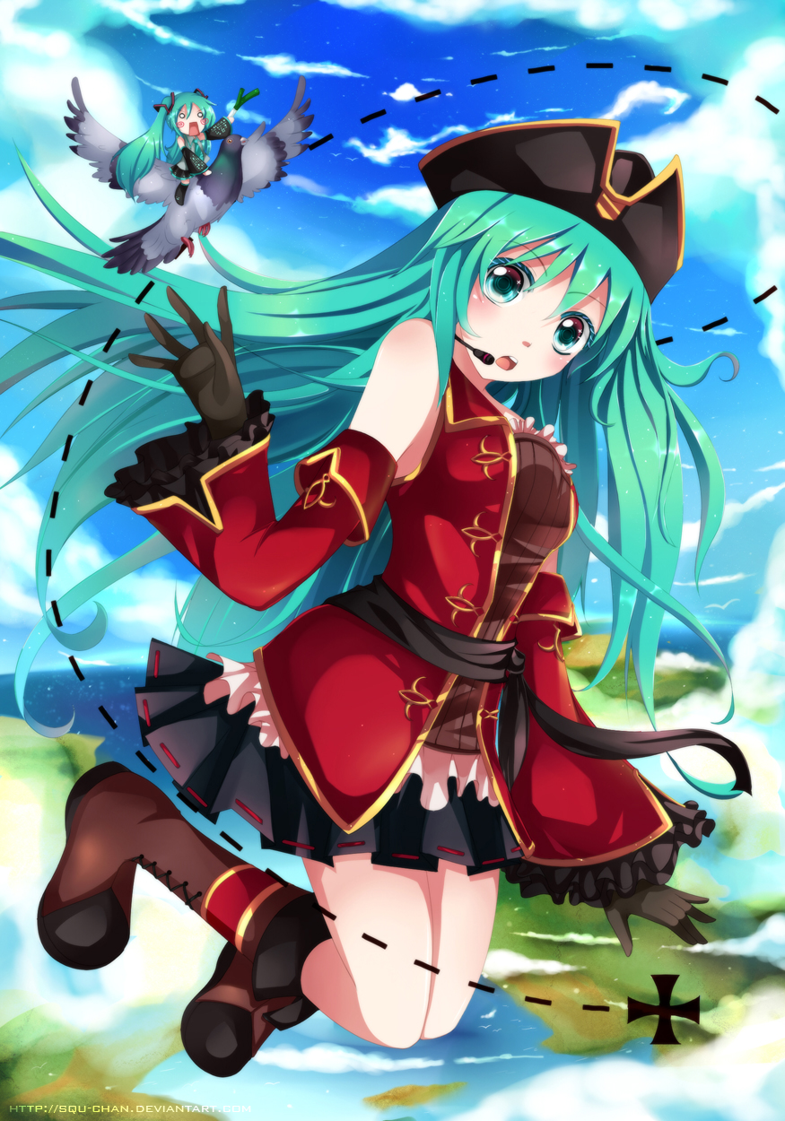 2girls, animal, aqua_eyes, aqua_hair, bird, blank_eyes, boots, breasts, chibi, cloud, cloudy_sky, day, detached_sleeves, dual_persona, flying, full_body, gloves, hachune_miku, hat, hato_(vocaloid), hatsune_miku, hatsune_miku_(pirate_module), headset, highres, horizon, long_hair, medium_breasts, mini_person, minigirl, multiple_girls, ocean, open_mouth, pigeon, pirate_costume, pirate_hat, riding, sash, skirt, sky, spring_onion, squchan, tricorne, twintails, very_long_hair, vocaloid, watermark, web_address, wide_sleeves