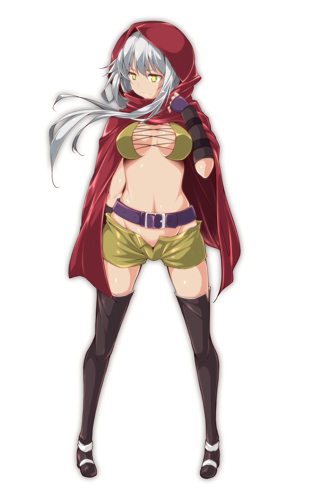1girl, bad_id, bad_pixiv_id, belt, black_thighhighs, boots, breasts, cape, cecily_(sennen_sensou_aigis), cleavage, cloak, female_focus, fingerless_gloves, full_body, gloves, groin, highres, hood, hooded_cloak, long_hair, looking_away, navel, no_panties, open_fly, pigeon-toed, purple_gloves, ribucci, sennen_sensou_aigis, short_shorts, shorts, silver_hair, solo, standing, thigh_boots, thighhighs, unzipped, white_background, yellow_eyes