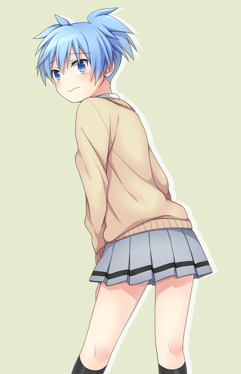 10s, 1boy, ansatsu_kyoushitsu, blue_eyes, blue_hair, blush, crossdressing, crossdressing_(mtf), highres, looking_back, male_focus, matching_hair/eyes, shiota_nagisa, short_hair, simple_background, skirt, solo, soranagi, trap