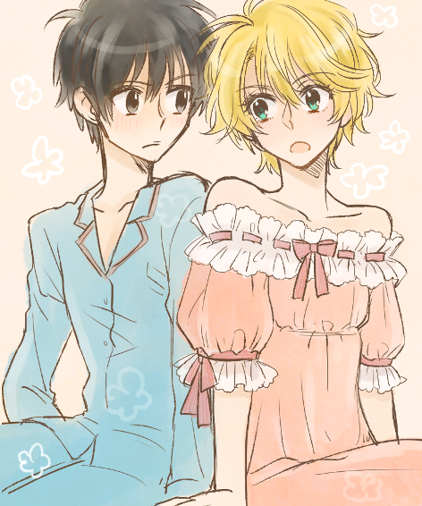 00s, 2boys, black_eyes, black_hair, blonde_hair, blush, crossdressing, crossdressing_(mtf)