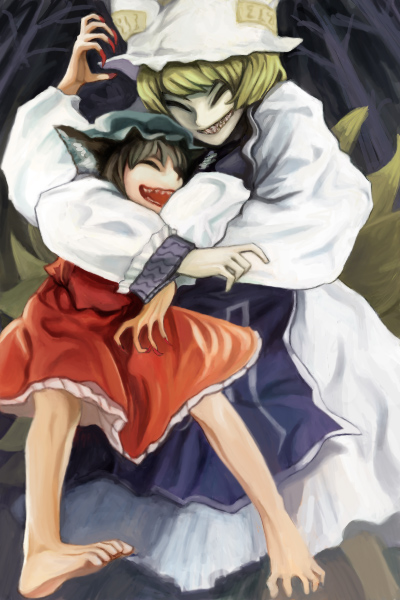 2girls, animal_ears, animal_hat, barefoot, blonde_hair, cat_ears, cat_girl, chen