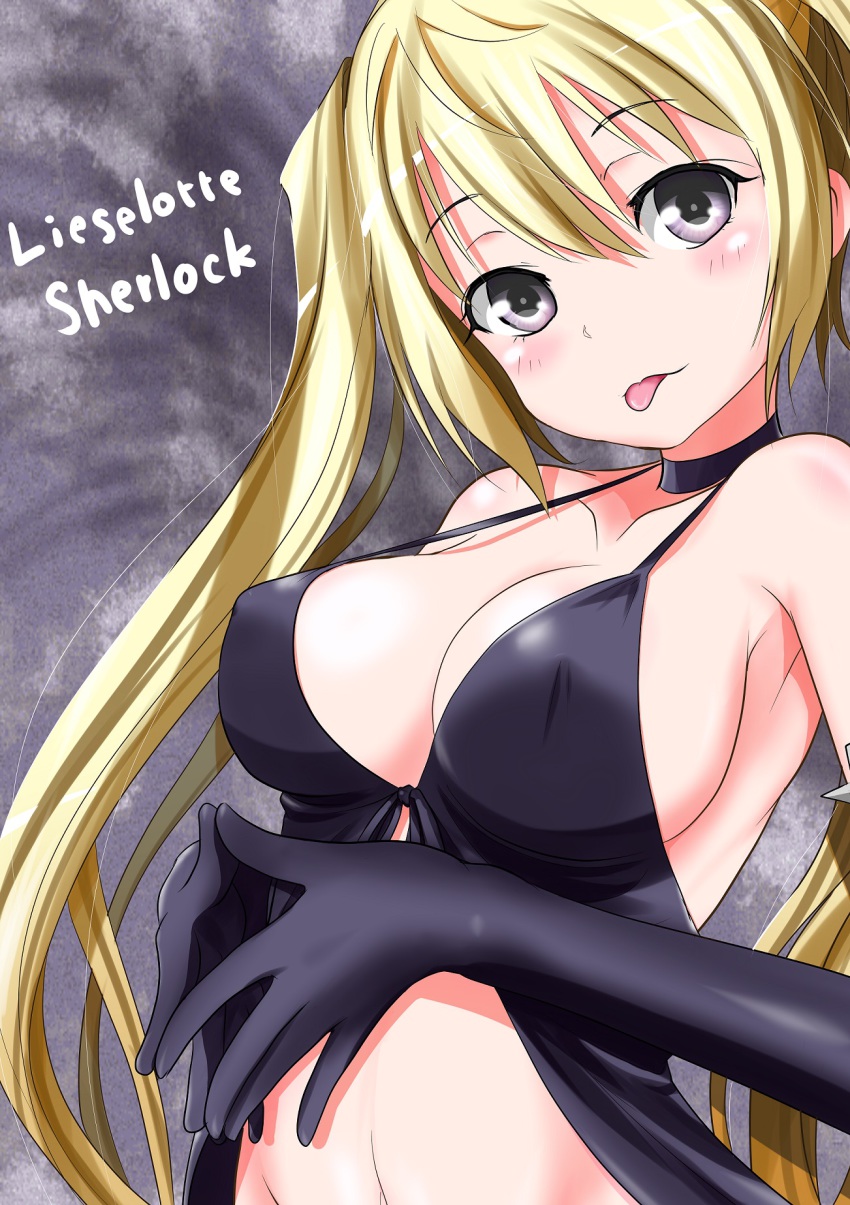 10s, 1girl, :p, babydoll, black_gloves, blonde_hair, blush, breasts, character_name, cleavage, covered_erect_nipples, elbow_gloves, female_focus, gloves, highres, ju_(old505), large_breasts, lieselotte_sherlock, long_hair, looking_at_viewer, purple_eyes, solo, strap_gap, tongue, tongue_out, trinity_seven, twintails