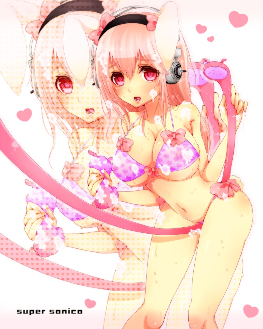 1girl, :o, animal_ears, bad_id, bad_pixiv_id, bathing, between_legs, bikini