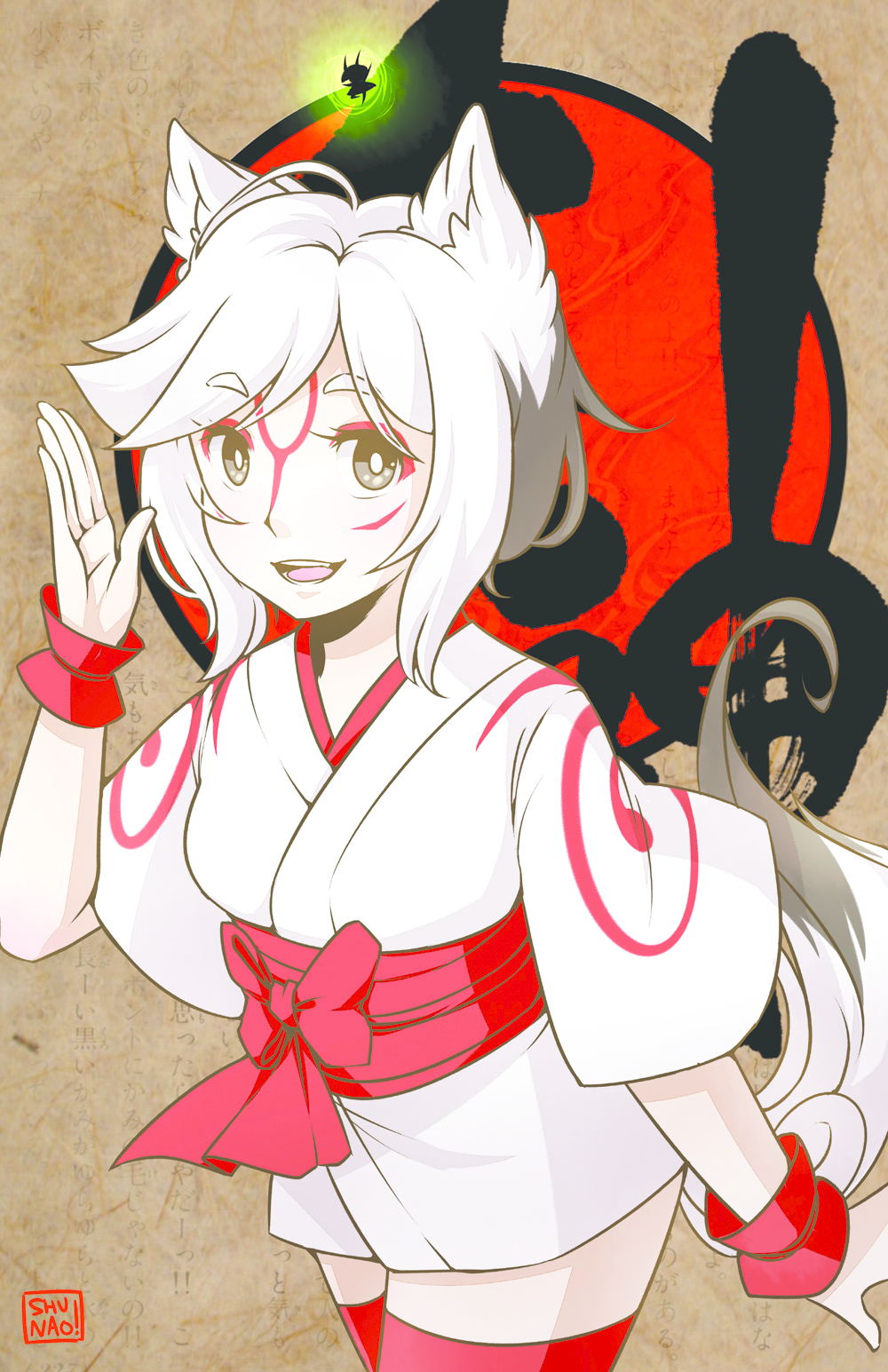 1girl, amaterasu_(ookami), animal_ears, facial_tattoo, highres, issun, japanese_clothes, joelyn_lai, kimono, lyn_(shunao), ookami_(game), personification, red_thighhighs, short_hair, smile, tail, tattoo, thighhighs, waving, white_hair, wolf_ears, wolf_tail, wrist_cuffs, yukata
