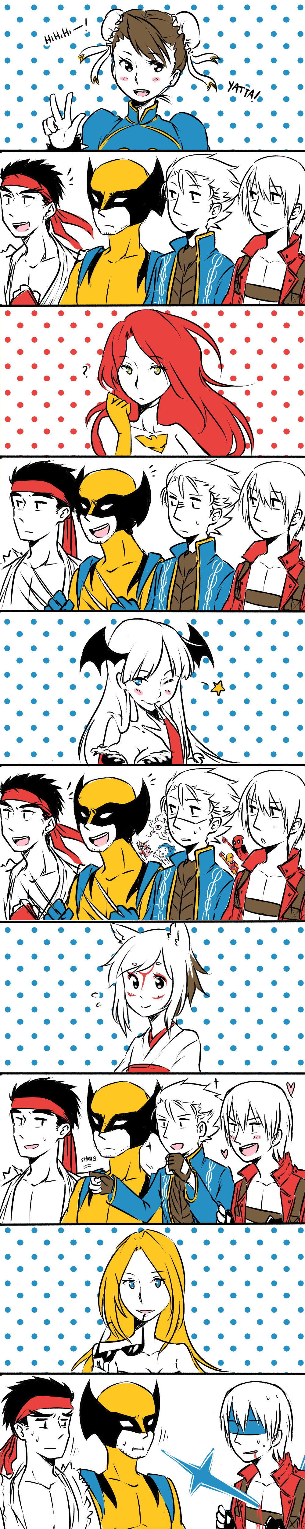 00s, ;), ?, absurdres, amaterasu_(ookami), belt_bra, black_hair, blonde_hair, blood, blood_from_mouth, blue_eyes, blush_stickers, breasts, bridal_gauntlets, brown_hair, bun_cover, capcom, chun-li, cleavage, comic, company_connection, crossover, dante_(devil_may_cry), deadpool, deadpool_(series), devil_may_cry_(series), double_bun, dougi, earrings, facial_hair, felicia_(darkstalkers), finger_to_mouth, gaijin_4koma_(meme), hair_bun, headband, highres, iron_man, jean_grey, jewelry, joelyn_lai, long_image, lyn_(shunao), marvel, marvel_vs._capcom, marvel_vs._capcom_3, mask, meme, morrigan_aensland, multiple_boys, multiple_girls, one_eye_closed, ookami_(game), parted_bangs, personification, phoenix_(x-men), red_hair, ryu_(street_fighter), shuma_gorath, smile, street_fighter, stubble, sunglasses, sweatdrop, tall_image, tony_stark, trish_(devil_may_cry), unworn_eyewear, v, darkstalkers, vergil_(devil_may_cry), viewtiful_joe, viewtiful_joe_(character), white_hair, wolverine_(x-men), x-men