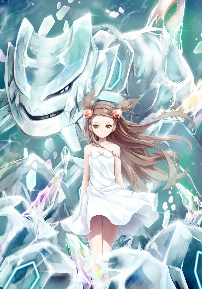 00s, 10s, 1990s_(style), 1girl, akkijin, arms_behind_back, bare_shoulders, blue_eyes, blush, bow, brown_eyes, brown_hair, crystal, dress, flat_chest, floating_hair, forehead, gen_2_pokemon, glint, grey_hair, gym_leader, hair_ornament, jasmine_(pokemon), long_hair, looking_at_viewer, mega_pokemon, mega_steelix, nintendo, orange_eyes, pokemon, pokemon_(creature), pokemon_gold/silver/crystal, pokemon_heartgold_and_soulsilver, pokemon_omega_ruby_and_alpha_sapphire, retro_artstyle, size_difference, sleeveless, sleeveless_dress, standing, steelix, sundress, thigh_gap, twintails, two_side_up, very_long_hair, white_dress, wind