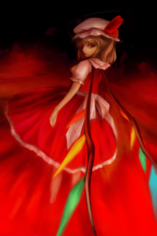 1girl, blonde_hair, dress, female_focus, fire, flandre_scarlet, frills, from_behind