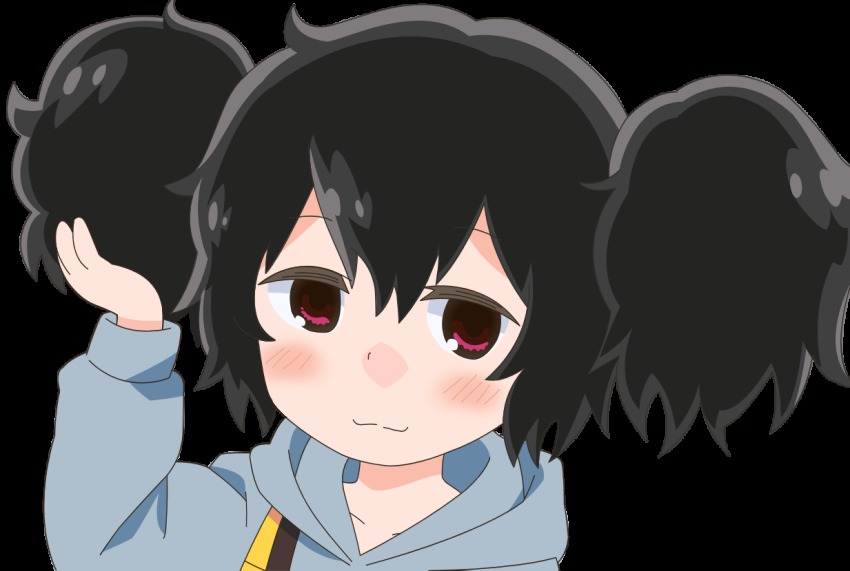 1girl, bad_id, bad_pixiv_id, black_hair, denki-gai_no_hon'ya-san, female_focus, fluffy, hood