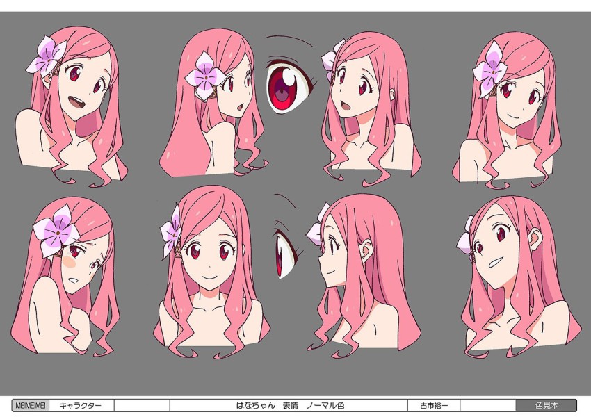 1girl, blush, character_name, reference_sheet, multiple_expressions, female_focus, flower, hair_flower