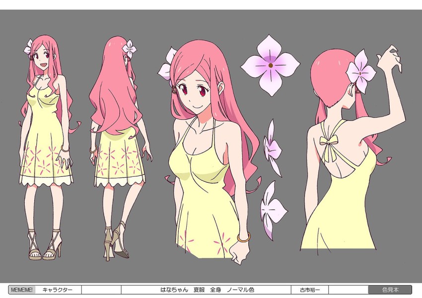 1girl, breasts, reference_sheet, cleavage, concept_art, dress, female_focus, flower