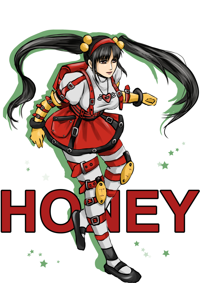 1girl, arm_belt, backpack, bag, beads, black_hair, breasts, brown_eyes, elbow_gloves, female_focus, fighters_megamix, fighting_vipers, gloves, hair_beads, hair_ornament, hairband, hayame_(m_ayame), highres, honey_(fighting_vipers), knee_pads, large_breasts, leg_belt, long_hair, official_alternate_costume, puffy_short_sleeves, puffy_sleeves, randoseru, short_sleeves, skirt, solo, thigh_strap, thighhighs, twintails, white_thighhighs, yellow_gloves