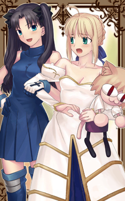 2girls, archetype_earth, arcueid_brunestud, arcueid_brunestud_(cosplay), artoria_pendragon_(fate), bare_shoulders, black_hair, blonde_hair, blue_eyes, breasts, character_doll, ciel_(cosplay), ciel_(tsukihime), cleavage, cosplay, doll, dress, fate/stay_night, fate_(series), green_eyes, lowres, medium_breasts, melty_blood, multiple_girls, neco-arc, saber_(fate), strapless, strapless_dress, stuffed_animal, stuffed_toy, thighhighs, tohsaka_rin, tsukihime, twintails, two_side_up, zettai_ryouiki