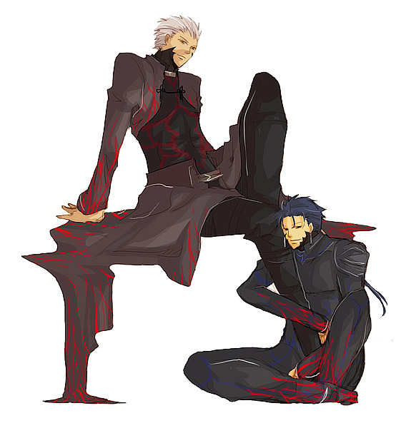00s, 2boys, archer_(fate), archer_alter_(fate), cu_chulainn_(fate), cu_chulainn_(fate/stay_night), cu_chulainn_(lancer)_(fate), dark-skinned_male, dark_persona, dark_skin, fate/stay_night, fate_(series), lancer_alter, male_focus, multiple_boys