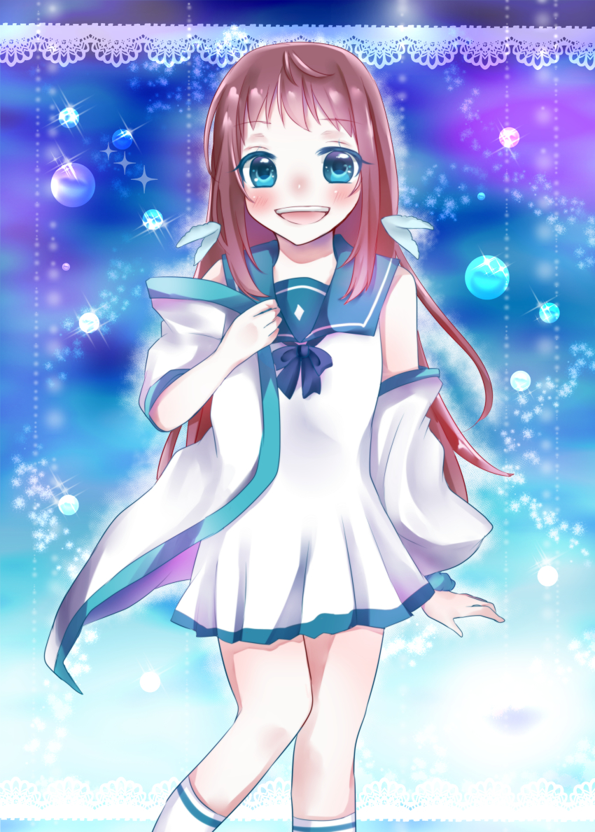 10s, 1girl, absurdres, blue_eyes, brown_hair, dress, highres, jacket, long_hair, mukaido_manaka, nagi_no_asukara, sailor_dress, sakura_yuto, school_uniform, serafuku