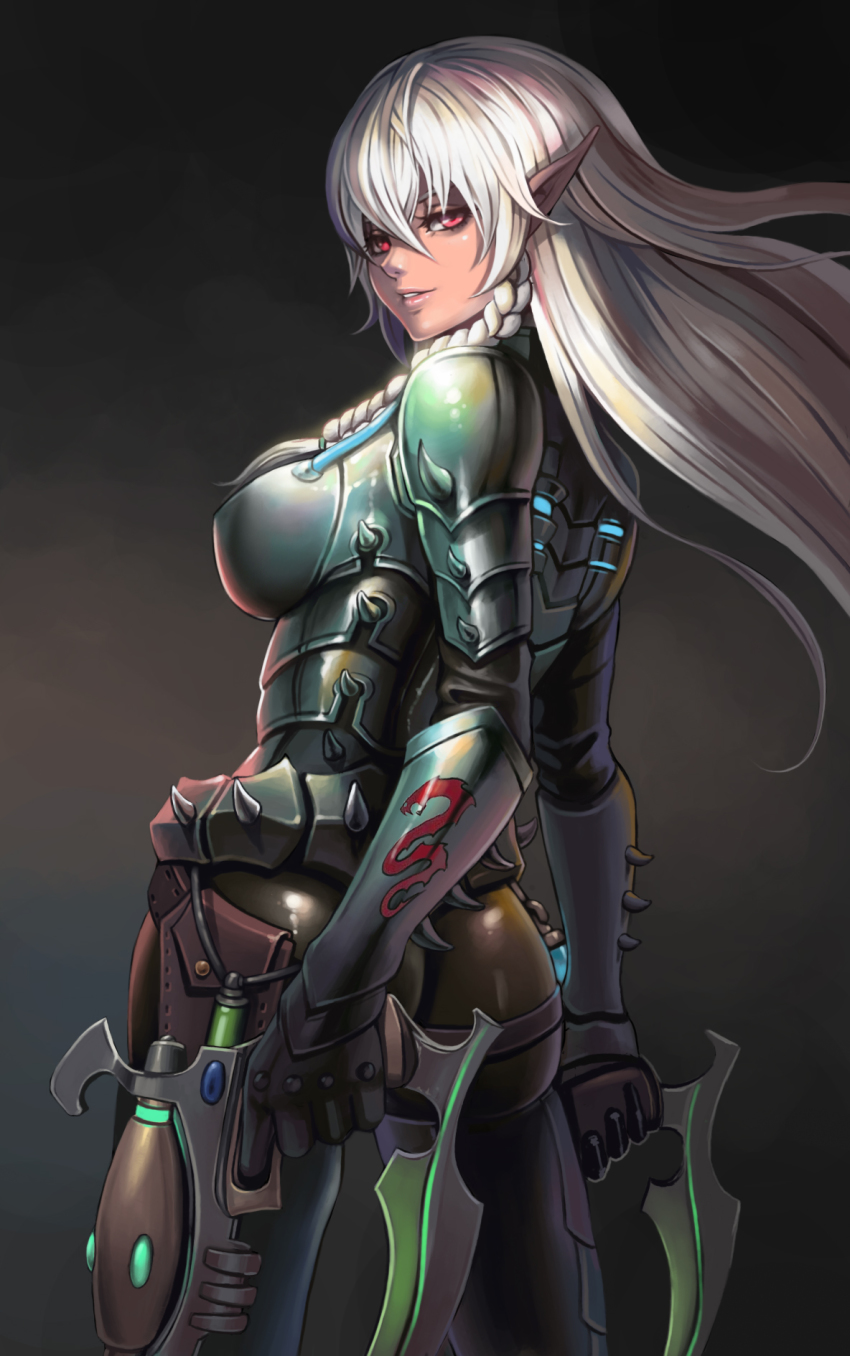1girl, armor, ass, blade, bodysuit, braid, breasts, dantewontdie