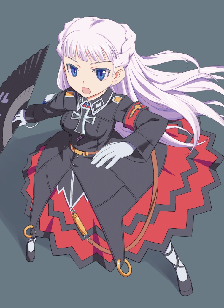 >:d, 1girl, :d, battlenote, black_background, black_jacket, blue_eyes, braid