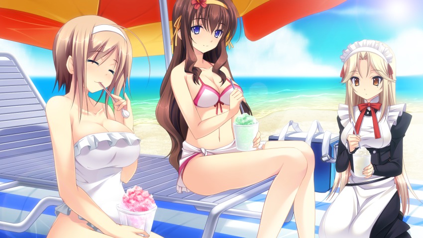 3girls, anata_no_koto_wo_suki_to_iwasete, bare_shoulders, beach, bikini, blonde_hair, blue_eyes, breasts, brown_hair, cleavage, cloud, cygnus_(cygnus7), closed_eyes, food, fujikura_yukino, game_cg, hairband, happy, highres, huge_breasts, ice_cream, konoha_nao, large_breasts, legs, long_hair, looking_at_viewer, maid, maid_headdress, mole, multiple_girls, ocean, onose_shizuka, parasol, satofuji_masato, short_hair, sitting, sky, smile, swimsuit, thighs, umbrella, water, yellow_eyes